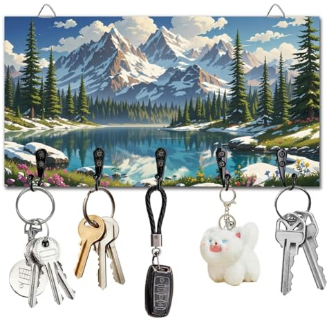 DELORIGIN Schlüsselhalter Mit Schneeberglandschaft Wandmontage Wald See Hölzernes Schlüsselbrett Mit 5 Haken Schlüsselaufbewahrung Für Wanddekoration Tür Eingangsbereich Küche Neues Zuhause Geschenk