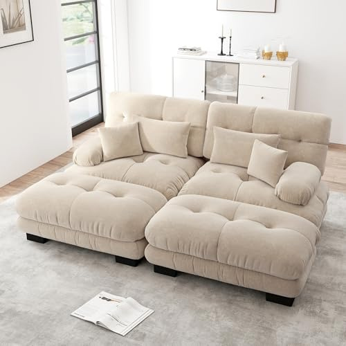 Dolamaní Sofa 2-4 Sitzer, Couch Sofa Chenille Stoff für Wohnzimmer,Wohnung,Büro,Einfache Montage (Hellbraun, C-(2 Sitzer +2 Hocker))