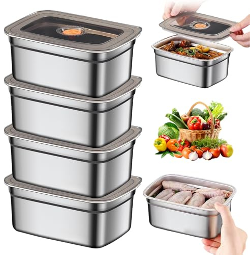 BORDEAG 4 Piezas Herméticos Para Alimentos Inoxidable Con Tapa, 1000ml Recipientes De Acero Inoxidable Con Tapa, Recipientes De Acero Inoxidable Con Tapas, Trabajo, Picnic, Microondas, Frigorífico