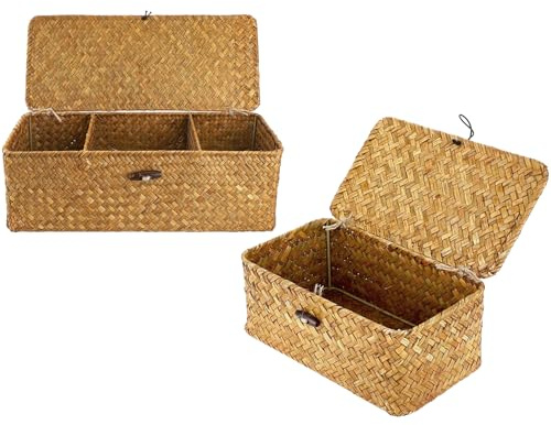 2 Stück Natürliches Gewebt Geflochtener Rechteckig Rattan Korb, Aufbewahrungskorb mit Deckel, Aufbewahrungskorb Geflochten zum Organisieren von Snackspielzeug, Helles Orange