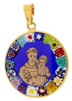 SHALOM - Pendentif Murrina Sant'Antonio, Argent 925 et Verre de Murano. Diamètre 2,3 cm