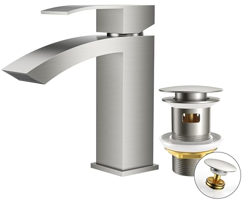 FORIOUS Wasserhahn Bad mit Ablaufgarnitur, Wasserfall Waschtischarmatur mit Auslauf Höhe 100 mm, Mischbatterie Armatur Badezimmer, Gitterauslauf, Energiesparend & Wassersparend, Edelstahl