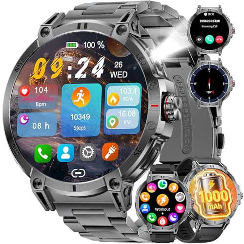 SUNKTA 1,85″ HD Montre Connectée Homme Militaire 800 mAh Grande Batterie pour iOS Android Smartwatch Bluetooth appels Lampe LED,Surveillance de la santé,Moniteur de Sommeil,100+ Modes Sport (Gris)