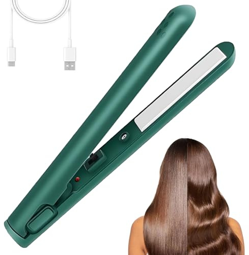 2-in-1 Mini Curling Iron & Straightener, Portable Dual Purpose Curling & Flat, USB Plug-in Small Ceramic Iron for All Hair Types (Green)