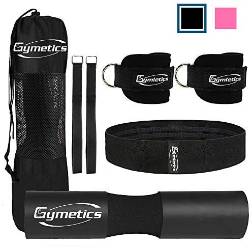 Gymletics Barbell Squat Pad for Standard | Pair of Gym Ankle Straps for Cable Machines | Hip Exercise Bands | Fitness Gift Safety Straps and Carry Bag