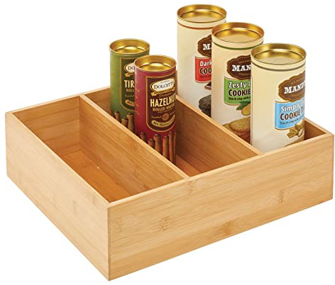 mDesign Teebox – elegante Aufbewahrungsbox mit 3 Fächern aus Bambus – praktische Holzkiste für Teebeutel, Teeei, Gewürze und Co. – naturfarben