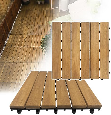 Froadp Suelos de Madera Acacia para Exterior, 30x30cm Baldosas para Terrazas, Cubiertas de Jardín impermeables con Sistema de Drenaje, Piso Antideslizante Tablas para Balcón Piscina Patio(4m², Tipo A)