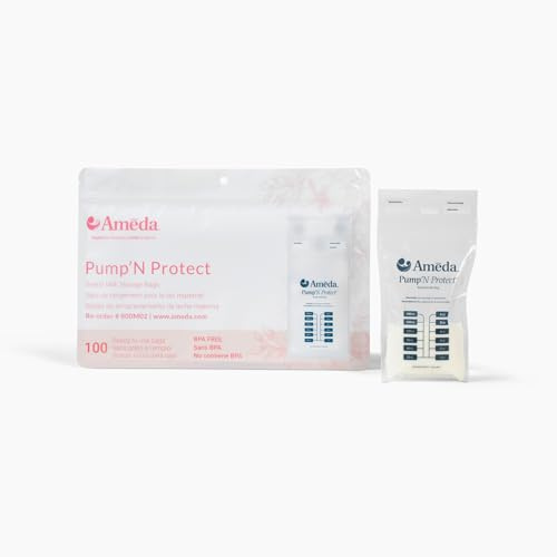 Ameda Pump'N Protect Breastmilk Storage Bag 6oz, 100pc, Baby Essentials, Breastfeeding Supplies, Resealable Breast Milk Storage Bags for Refrigerator or Freezer, BPA Free