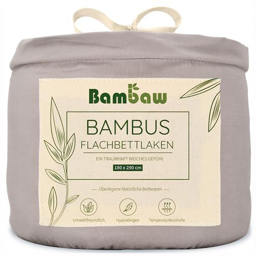 Bambaw Bambus Bettlaken ohne Gummizug 180x290 cm, weiches Betttuch ohne Gummizug, atmungsaktive Sommer Bettwäsche, hypoallergene Bettwäsche für Allergiker, Anti Schweiß kuehle Bettlaken (Grau)