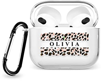 Tirita Personalised Custom Case Compatible with Apple AirPods 3rd gen, Support Wireless Charging, with Carabiner, Front LED Visible [03- Pink Animal Print]