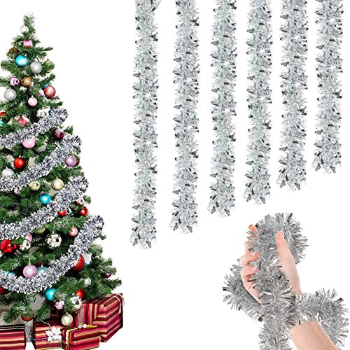 OUQIWEN Weihnachten Lametta Girlande,6 Stück x 2M Lametta Glänzend Girlande,Weihnachtsbaum Dekoration Girlande,Festliches Weihnachten Lamettaa(Silber)