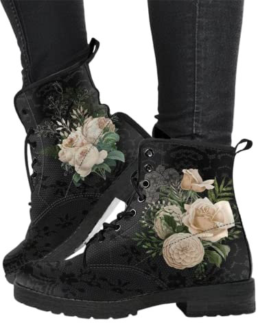 Minetom Damen Gothic Chelsea Boots Frauen Punk Stiefeletten Biker Boots Winter Knöchel Stiefel Mit Blockabsatz Gotisch Drucken Kurze Stiefel C Weiß 40 EU