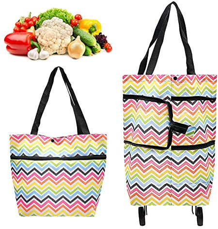 INHEMING Faltbare Trolley-Taschen, Einkaufstrolley Einkaufstasche mit Rollen,2 in 1 Klappbarer Einkaufswagen für Zuhause Supermarkt Strapazierfähige Tasche Rainbow