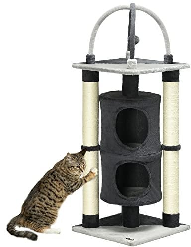 PawHut Árbol para Gatos Altura 114 cm Barril Rascador para Gatos de 2 Niveles con Plataforma Postes de Yute y Bola Colgante 39x39x114 cm Gris