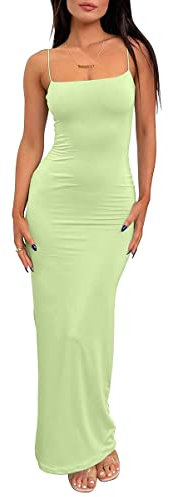 LILLUSORY - Vestido largo ajustado informal de verano para mujer, con tirantes finos, doble forro, Verde lima, Large