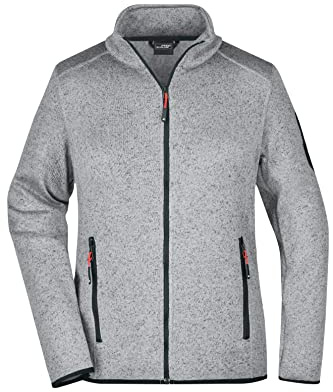 James & Nicholson Damen Fleece Strickjacke - Taillierte Jacke aus Strickfleece mit Stehkragen | Farbe: light-grey-melange/red | Grösse: M