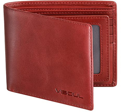 VISOUL Portafoglio Uomo Vera Pelle Portamonete Slim con Protezione RFID, Portafoglio Bifold da Uomo con 8 Porta Carte di Credito, 2 Scomparti Banconote e 2 Finestre ID (Rosso)