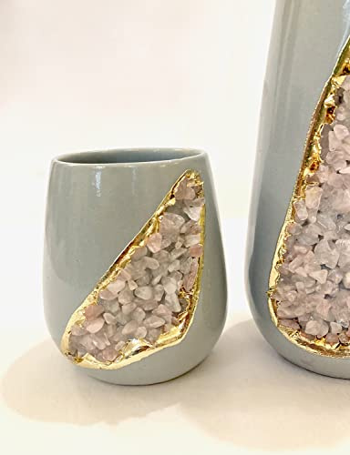 Grey and Gold Ceramic Vase/Planter/Pot/Wine Goblet/Mug with Rose Quartz Semi - Precious Agate Crystal Gemstones |Small(Height 4 inch), (Gold - Finish)