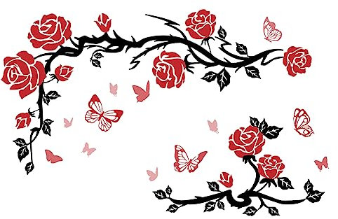 SUPERDANT Romantique Rose Rouge Stickers Muraux Papillons Rouges Stickers Muraux avec Branches Noires Feuilles Décoration Murale pour Maison Filles Chambre Salon Décoration de Fête de Mariage