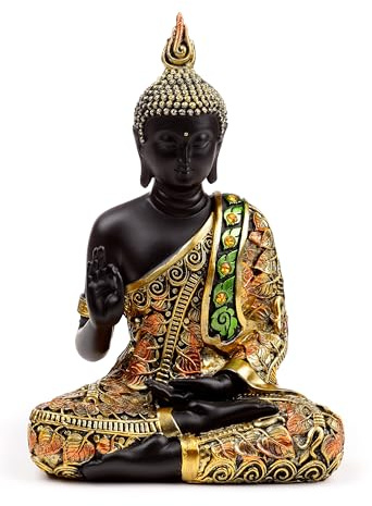 Puckator Black & Orange Gold Thai Buddha Mediation - Cute Room Decor - Aesthetic Feng Shui Meditation Accessories - Garden Ornaments - Shelf Desk Decorations - Mindfulness Home Gifts - Statues