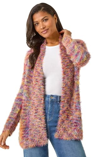 Roman Women Fluffy Cardigan Ladies Winter Cardi Longline Edge to Edge Ombre Coatigan Casual Sparkly Glittery Jacket Knitwear Knitted Autumn Fleecy Cosy Soft Coats - Purple Yellow - Size 20