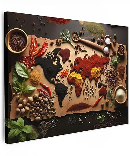 MuchoWow© Wandbilder 80x60 cm Schlafzimmer Home Deko Wohnung Bild Wohnzimmer Fotoleinwand Wand Bilder Leinwand Wall Decor Wanddeko Kräuter - Gewürze - Weltkarte - Braun - Löffel - Küche