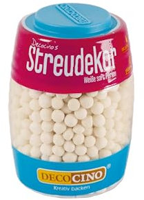 DECOCINO Essbare Perlen in Weiß (50g) – Streu-Dekor, Zucker-Streusel – matt-glänzende Zuckerperlen – perfekt zum Dekorieren von Torten, Kuchen und Cupcakes