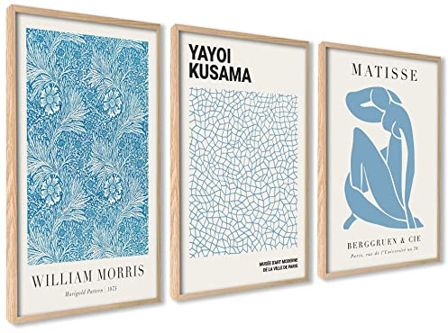 3er Set Poster 50x70cm Mit Rahmen Holz Wanddeko Wohnzimmer Modernes Design | Modern Blau Kusama Matisse Morris Bilder Set Surrealismus Wanddeko Abstrakter Expressionismus, Ideal als Geschenk, Flur