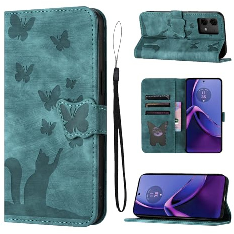 LSPCASA Funda Motorola G84 para Motorola Moto G84 5G Material De Piel Sintética Funda Moto G84 con Ranuras para Tarjetas Patrón De Mariposa De Gato Funda Motorola Moto G84 Verde
