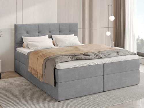 BROMARKT Boxspringbett mit Bettkasten Polsterbett mit Bonell-Matratze und Topper Doppelbett mit Stauraum Bett für Schlafzimmer gepolstertes Kopfteil Detroit 180x200 Härtegrad H3 Flachgewebe Hellgrau
