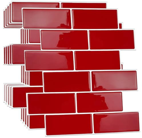 WALPLUS Adesivi 3D per piastrelle, autoadesivi, adesivi per paraschizzi, per cucina, bagno, soggiorno, impermeabili, colore rosso ciliegia, lucidi, 6 fogli, 30,5 x 30,5 cm