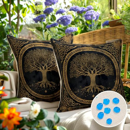 wtisan Wikinger Deko Kissenbezug 45 x 45 cm 2er Set Wasserfest Outdoor Kissen Wetterfest Atmungsaktiv Lebensbaum aus schwarzem Gold Kissenbezug Gartendeko für Draußen Heim Sofa Garten…
