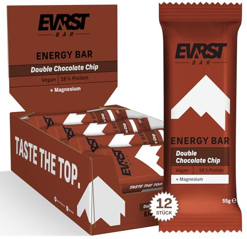 EVRST Energy Bar Double Chocolate Chip | Energieriegel | 16% Protein | (12 Riegel x55g) | Vegan | Magnesium