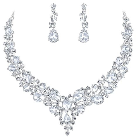 Ever Faith Wedding Bridal Jewellery Sparkly Teardrop Necklace Earrings Set for Women White Silver-Tone