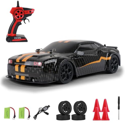 Dodoore Coche de deriva a control remoto, 1:14 4WD 30 km/h, auto de carreras RC de alta velocidad, coche deportivo eléctrico de 2.4 GHz con luces LED, 2 baterías, neumáticos de deriva y carreras para