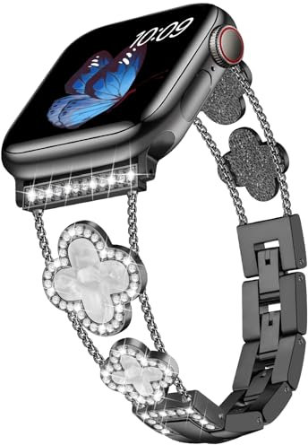 Tasikar Brillantes Mujer Correa Compatible con Apple Watch Correa 42mm(Serie 10/11) 41mm 40mm 38mm SE Serie 11 10 9 8 7 6 5 4 3 2 1 Trébol de la Suerte Diamantes Reemplazo Pulsera (Negro)
