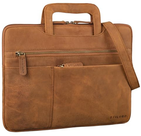 STILORD 'Cole' Vintage Bolsa Ordenador Portátil 14 pulgadas Cuero Hombre Delgado Funda Portatil Piel Portafolio para Trabajo Negocios Viaje, Color:tan marrón - oscuro