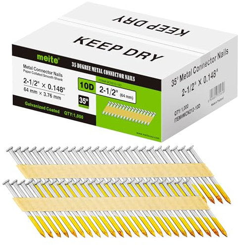 meite Metal Connector Nails, 2-1/2 Inch x .148 Inch Joist Hanger Nails, 35 Degree, Galvanized, Paper Tape Collated, Smooth Shank Framing Nails for Metal Connector Nailer (1,000 Counts)
