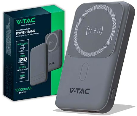 V-TAC Power Bank Magnetico compatibile con MagSafe - 10000 mAh - Ricarica Rapida PD 20W - Batteria esterna per Apple iPhone 12/13/ 14/15 / 16 Mini/Pro/Max - Grigio