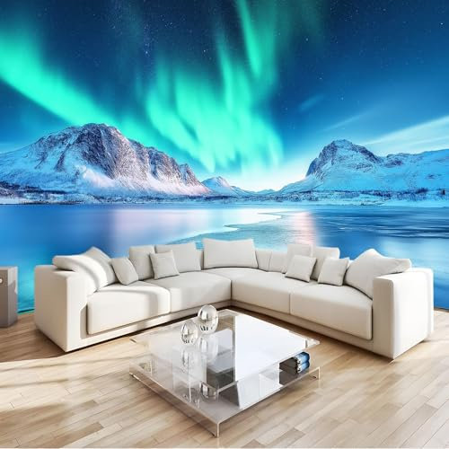 Schneeszene 3D Fototapete Grüne Nordlichter Hochwertige Vlies Wandbild Modernes Wanddeko Tapete, Für Wohnzimmer Schlafzimmer Büro B200 X H140 Cm