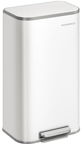 SONGMICS Kitchen Bin, 30 L Pedal Bin, Steel Trash Bin, Soft-Close Lid, Stays Open, Inner Bucket, Wide Non-Slip Pedal, Cloud White LTB546W01