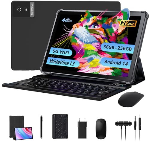 RUSHAR Tablet 10.4 Pollici Android 14,Tablet in Offerta 36GB RAM+256GB ROM(TF 1TB),Tablet con 4G LTE+5G WiFi,IPS 2K HD,Octa-Core 2.0GHz,13MP+8MP,8000mAh,Bluetooth,Tablet con Tastiera etc,Nero