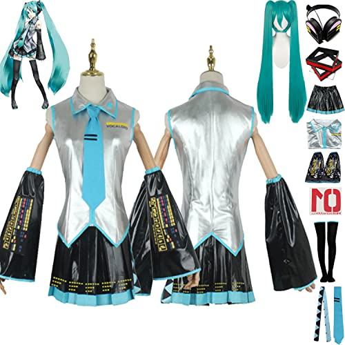 bbganlian Anime H'atsune M'iku Cosplay Kostüm Outfit Rollenspiel Uniform Komplettes Set Halloween Karneval Party Dress Up Anzug mit Perücke Kopfschmuck Kopfhörer für Frauen