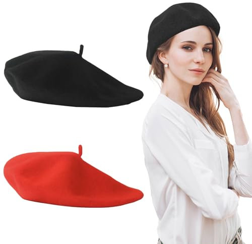 AWAVM Beret Hat,2 Pcs Blend French for Men and Women, Vintage French, Winter Autumn Ladies, Classic Solid Color, Elegant Soft Stretchy Cap, One Size Black