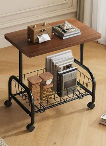 XUDREZ Beistelltisch Rollen, Kontrollierte Stabilität, 43cm Couchtisch Mit Rollen, Beistelltisch Nussbaum Mit Ablagekorb Geeignet für Schlafzimmer, Küche, Salon, Büro, Schule Klein Schwarzbraun
