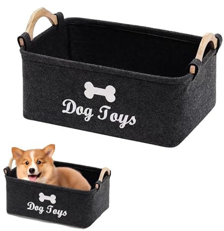 EujRcf Puppy Toy Box Storage Basket, Felt Pet Toy Box, Durable Felt Dog Toys Storage Basket with Wooden Handles, Pet Supplies Basket, for Organizing Pets Toys (Black)