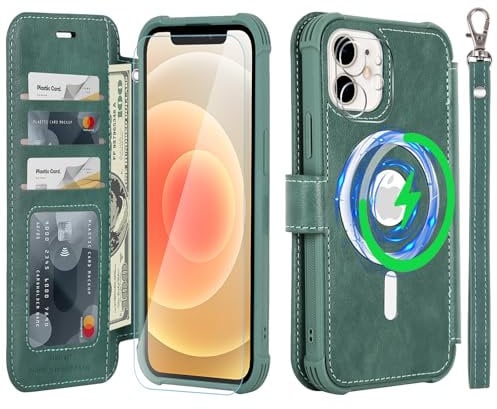 VANAVAGY Wallet Case Compatible for iPhone 12/12 Pro for Magsafe Wireless Charging,Leather Flip Wrist [Glass Screen Protectors]with RFID Blocking Card Holder,Forest green