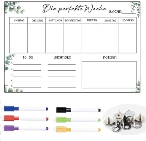 Wochenplaner magnetisch,30 * 20CM,mit 6 Whiteboard-Marker,Wochenplaner Abwischbar Selbstklebend für die Wand,Abwischbar/Kühlschrank-Planer/Fitness-Planer/Magnet-Planer,Memoboard auf Deutsch
