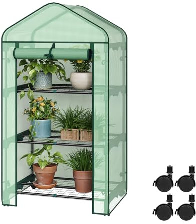 WOLTU Serre de Jardin, avec roulettes, 70x50x131cm, Bâche de Protection en PE 130g/m², Porte Zippée Enroulable, Serre d'Hivernage avec 3 Étagères, Intérieur et Extérieur, Vert