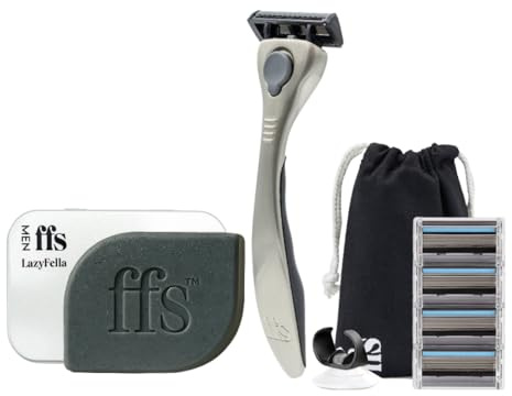 FFS Beauty Ultimate Personalised Grooming Kit - For Men. Personalised reusable razor, razor heads, lazyfella 4in1 soap, pouch, shower hook, personalised tin
